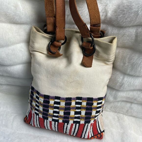 Jasper &Jeera beige canvas tote with multi color beads appliqué &leather straps - Picture 3 of 12